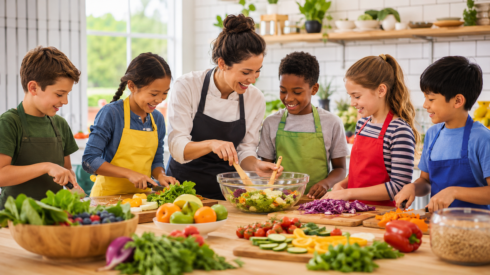 Fresh ingredients and colorful aprons ready for kids cooking camp