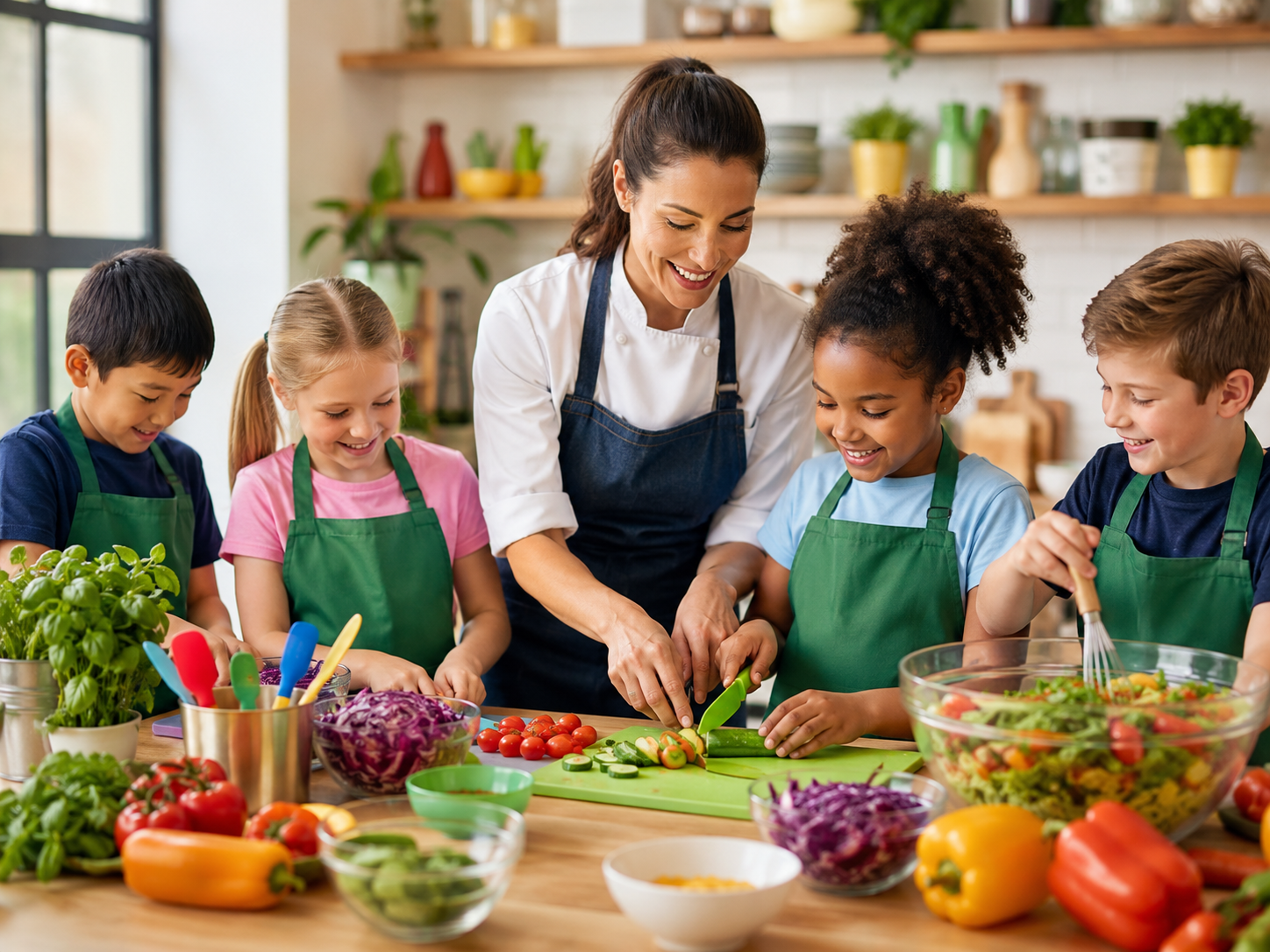 Kids learning safe cooking skills with a friendly instructor